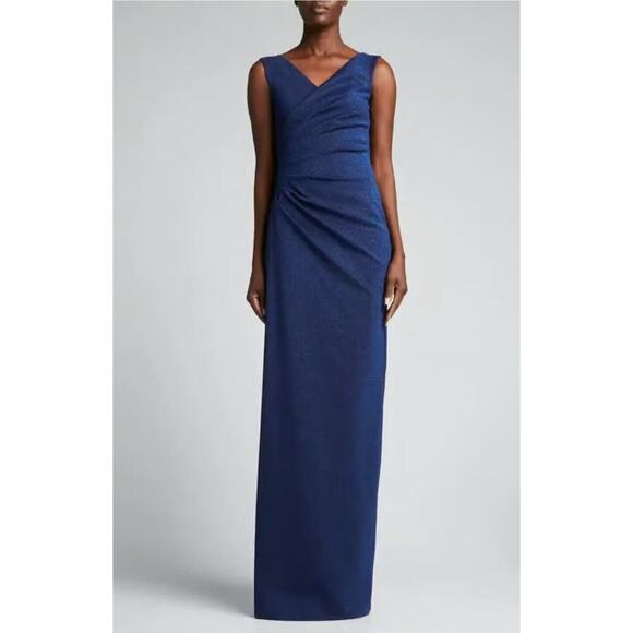 $1090 Chiara Boni La Petite Robe Metallic Blue V-Neck Sunburst Wrap Gown Sz XS - Picture 1 of 15